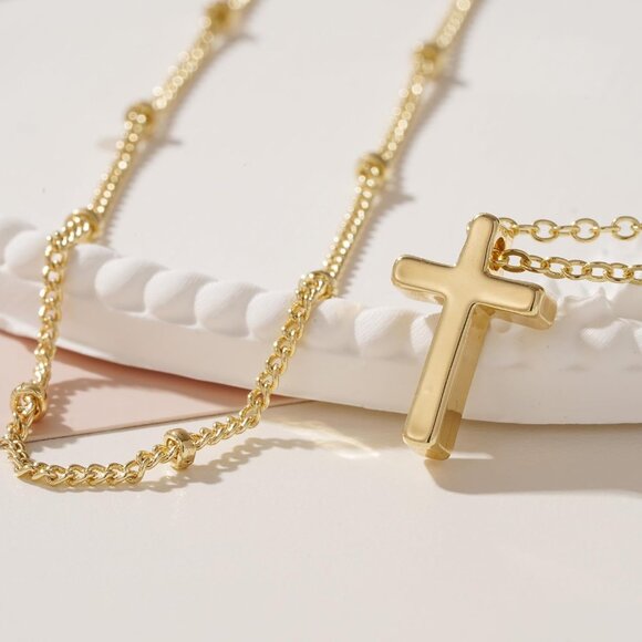 Hypoallergenic Layered Beaded Cross Necklace - Gold Plated with CZ Accents - Picture 5 of 7